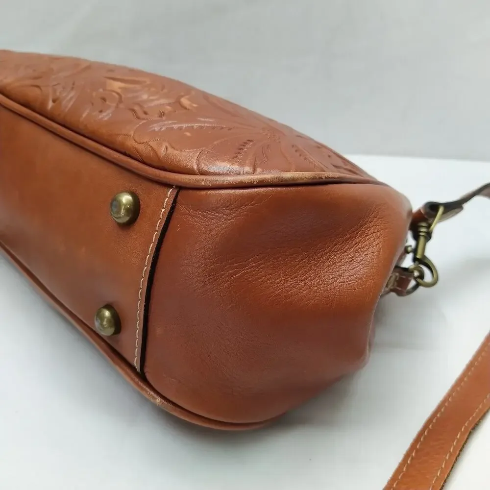 Patricia Nash Brown Leather Floral Pushlock Framed Closure Satchel Crossbody Bag